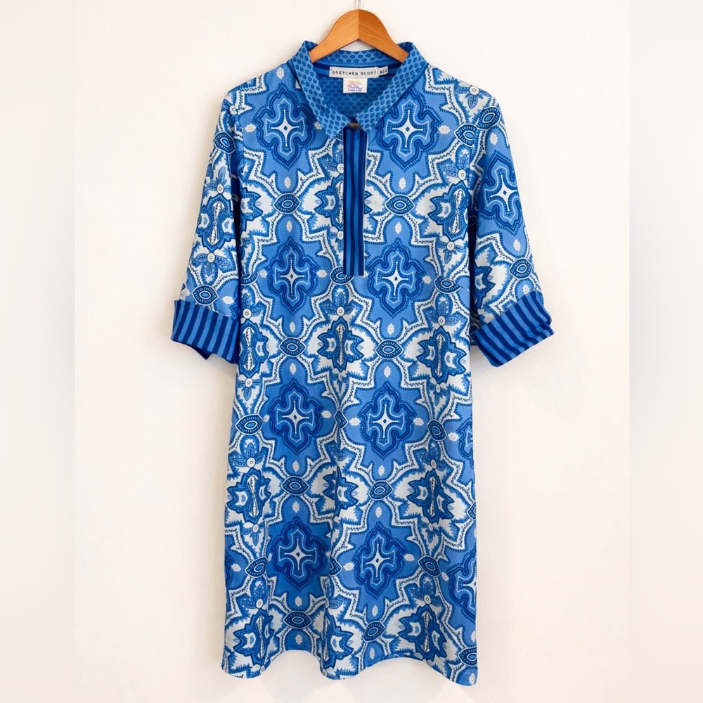 Gretchen Scott Laugh More Dress Large Blue White Boho Tiles Size M